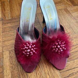 Burgundy Feather & Pearl Slip-On Heels NEW